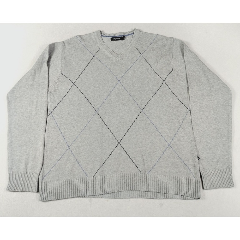 Nautica Sweater Mens Large Gray V Neck Cotton Argyle Knit Cabincore Grandpacore
